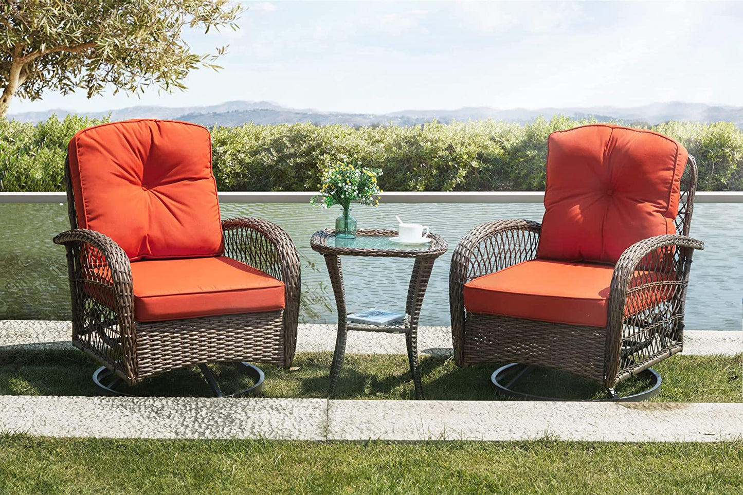 3 Pieces Patio Furniture Set, Outdoor Swivel Glider Rocker, Wicker Patio Bistro Set with Rocking Chair, Cushions and Table