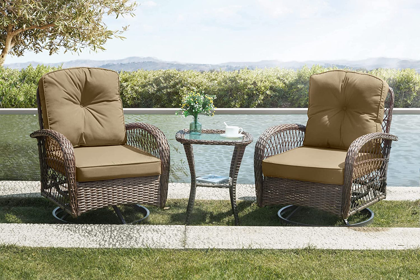 3 Pieces Patio Furniture Set, Outdoor Swivel Glider Rocker, Wicker Patio Bistro Set with Rocking Chair, Cushions and Table