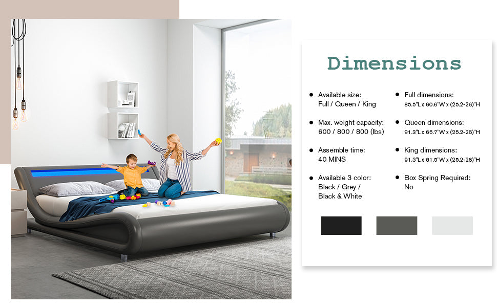 Wave Like Curve Deluxe Upholstered Modern Bed Frame with LED Headboard