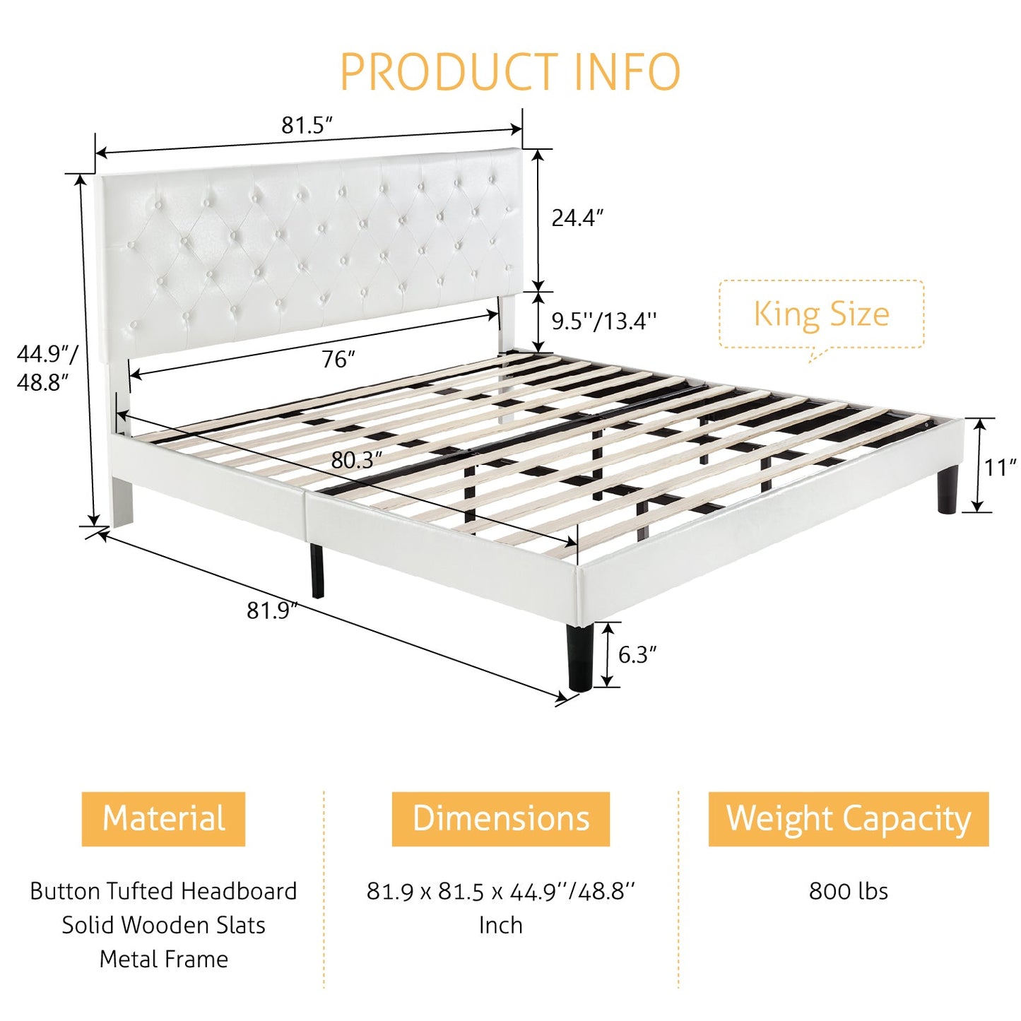 Faux Leather Upholstered Bed Frame with Adjustable Diamond Stitched Button Tufted Headboard