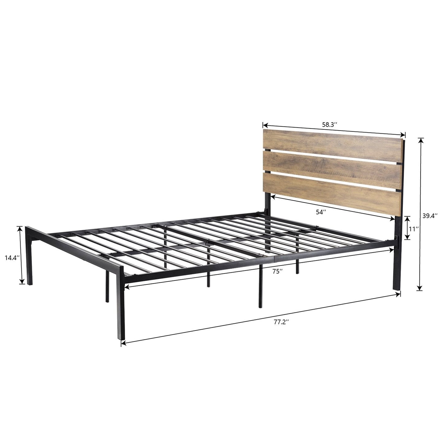 Platform Bed Frame with Wood headboard and Metal Slats / Rustic Country Style Mattress Foundation
