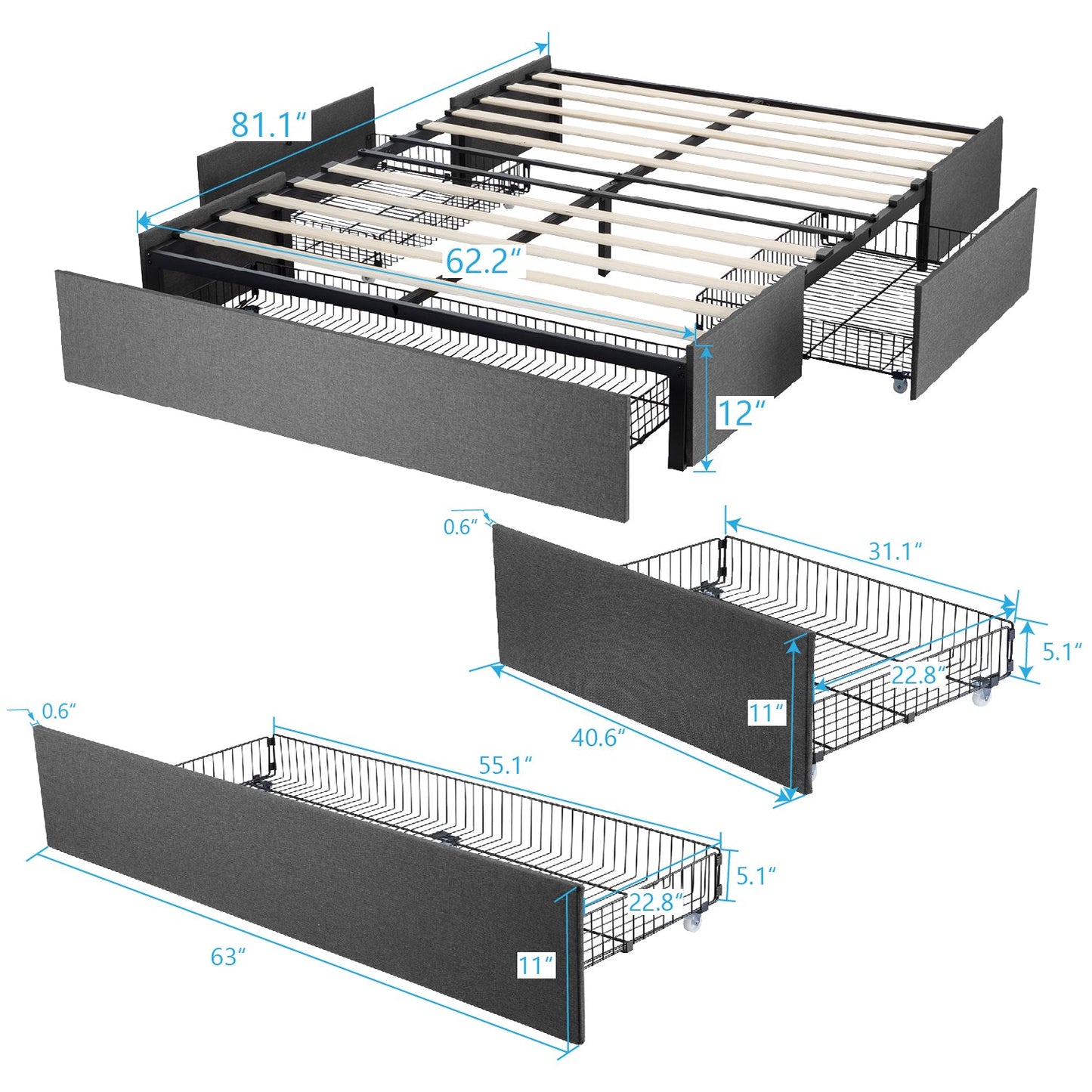 Platform Bed Frame with 3 Storage Drawers, Upholstered Wing Side Panel Design