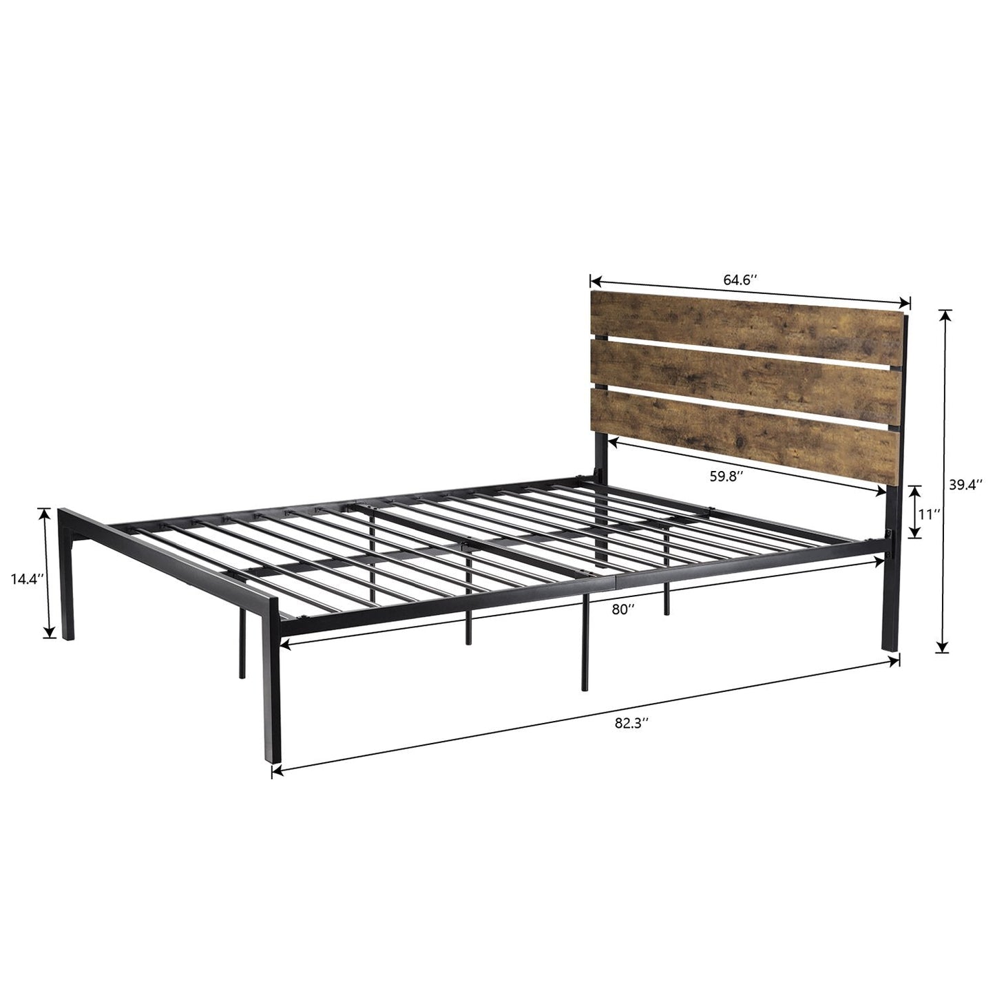 Platform Bed Frame with Wood headboard and Metal Slats / Rustic Country Style Mattress Foundation