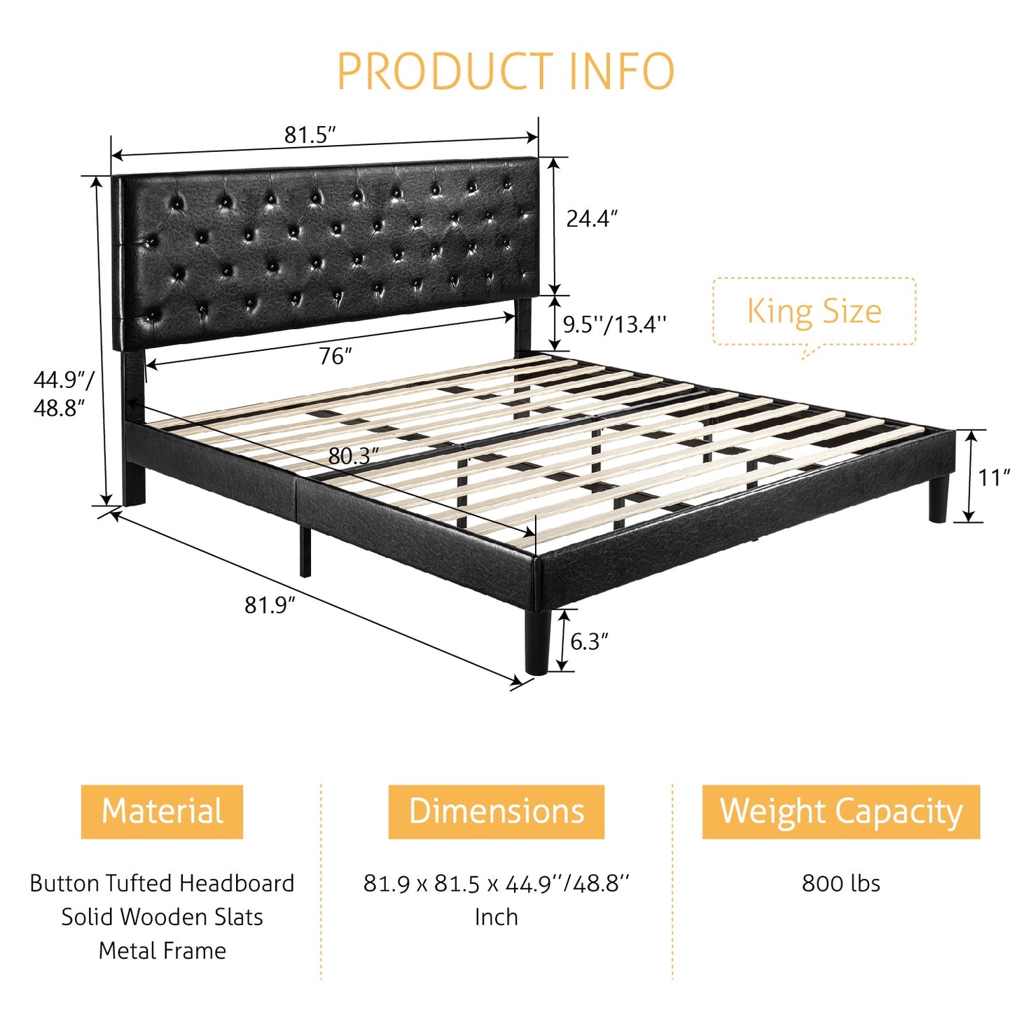 Faux Leather Upholstered Bed Frame with Adjustable Diamond Stitched Button Tufted Headboard