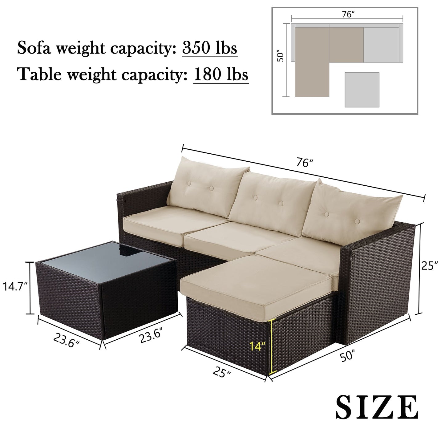 Patio Conversation Set, 3 Pieces PE Wicker Rattan Outdoor Furniture