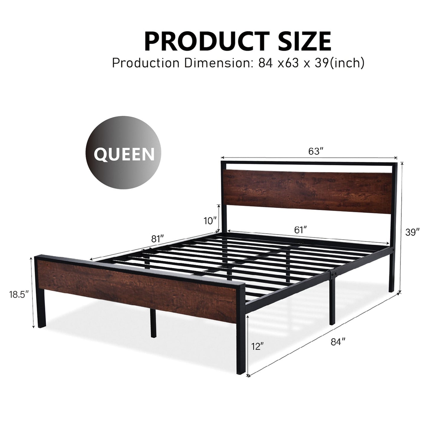 Metal Platform Bed Frame with Rustic Headboard