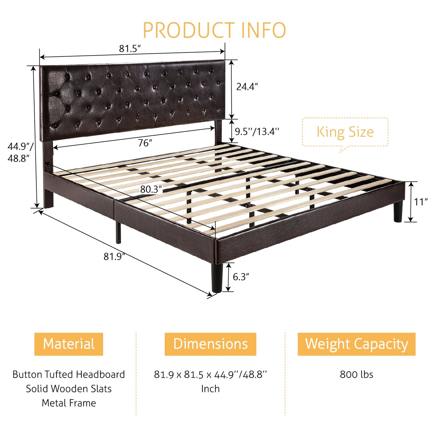 Faux Leather Upholstered Bed Frame with Adjustable Diamond Stitched Button Tufted Headboard