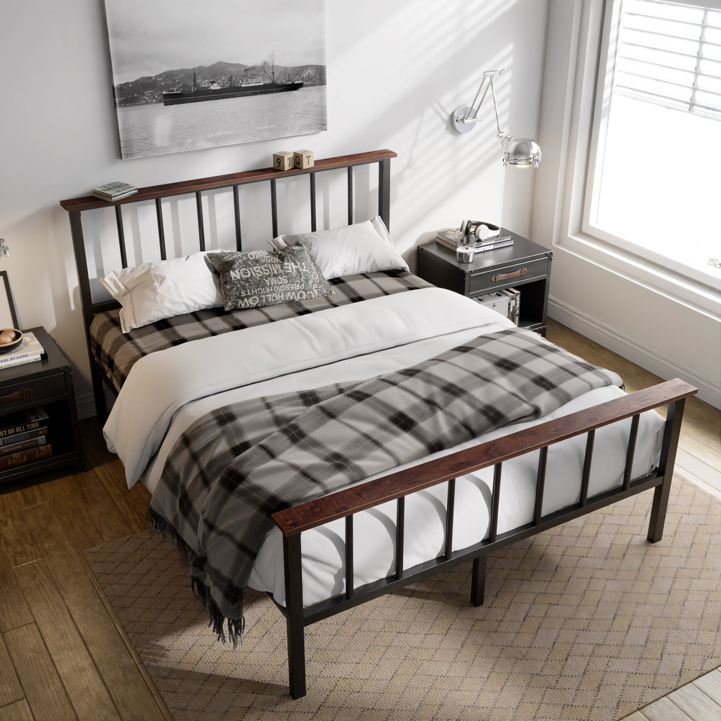 Heavy Duty Platform Bed Frame with Headboard, Metal Slats Support Mattress Foundation,Black