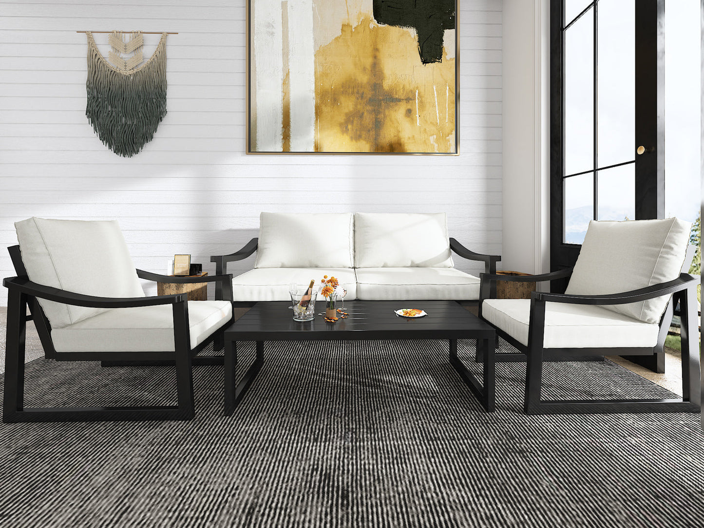 4 Pieces Patio Furniture Set Outdoor Conversation Sets, Modern Loveseat, Table and Chairs