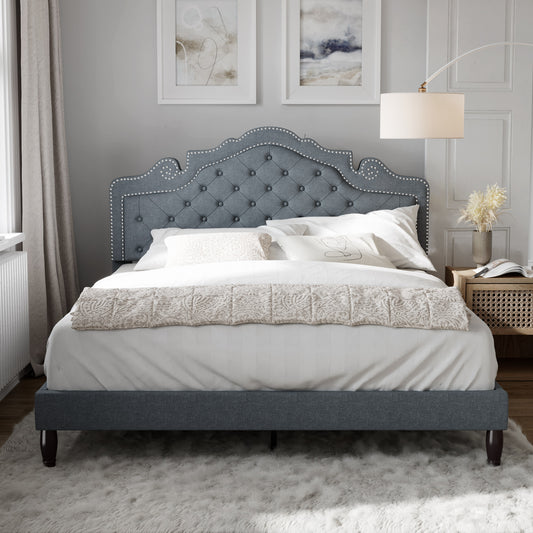 Full Size Platform Bed Frame with Fabric Upholstered, Adjustable Headboard, Light Gray