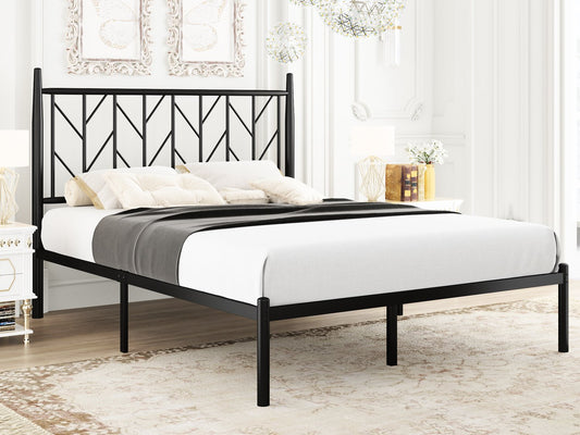 Modern Platform Bed Frame with Vintage Headboard, 14 Inches Metal Mattress Foundation for Storage