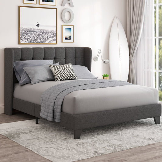 Wingback Upholstered Platform Bed Frame with Square Stitched Headboard,Mattress Foundation