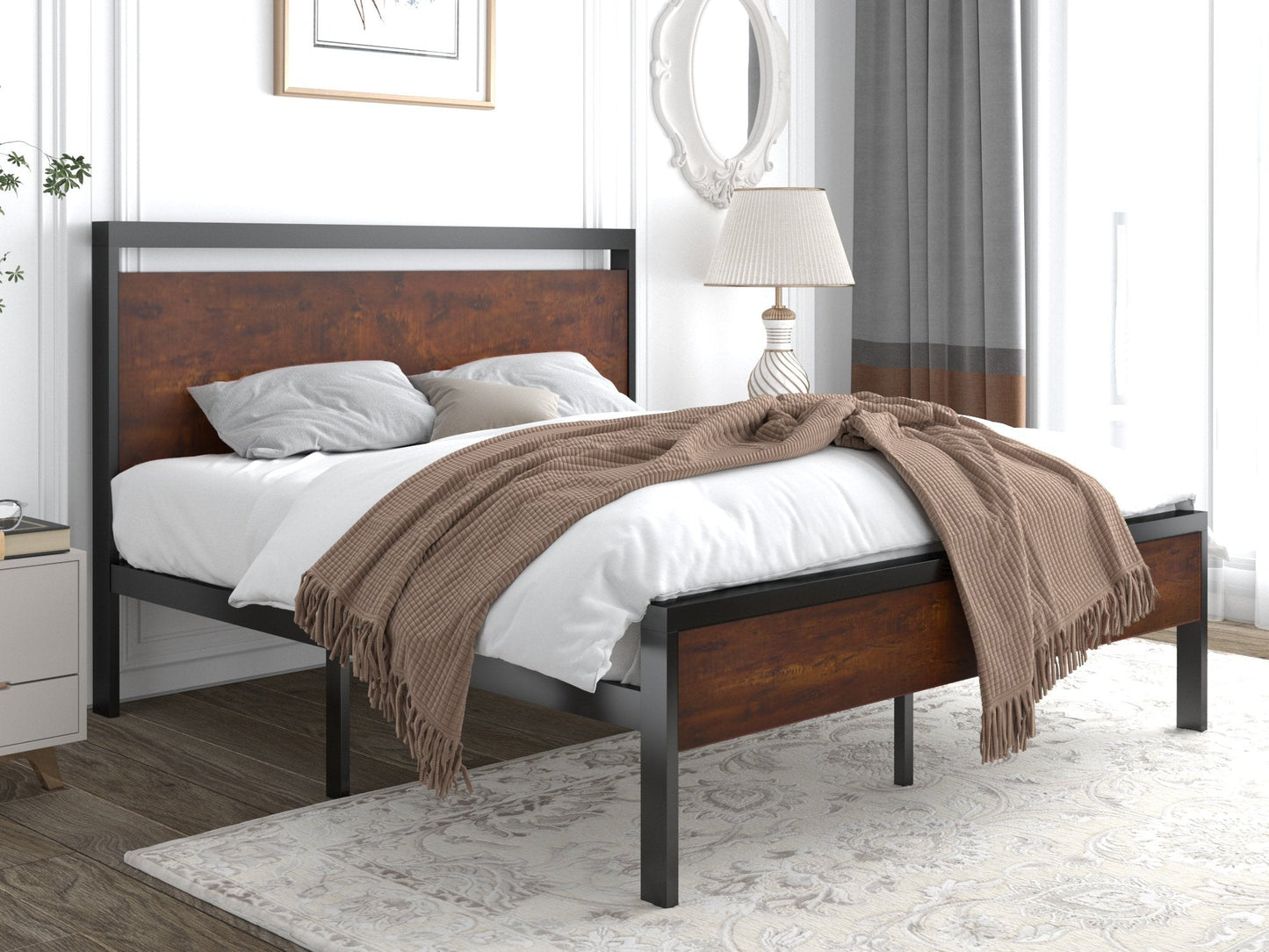 Metal Platform Bed Frame with Rustic Headboard