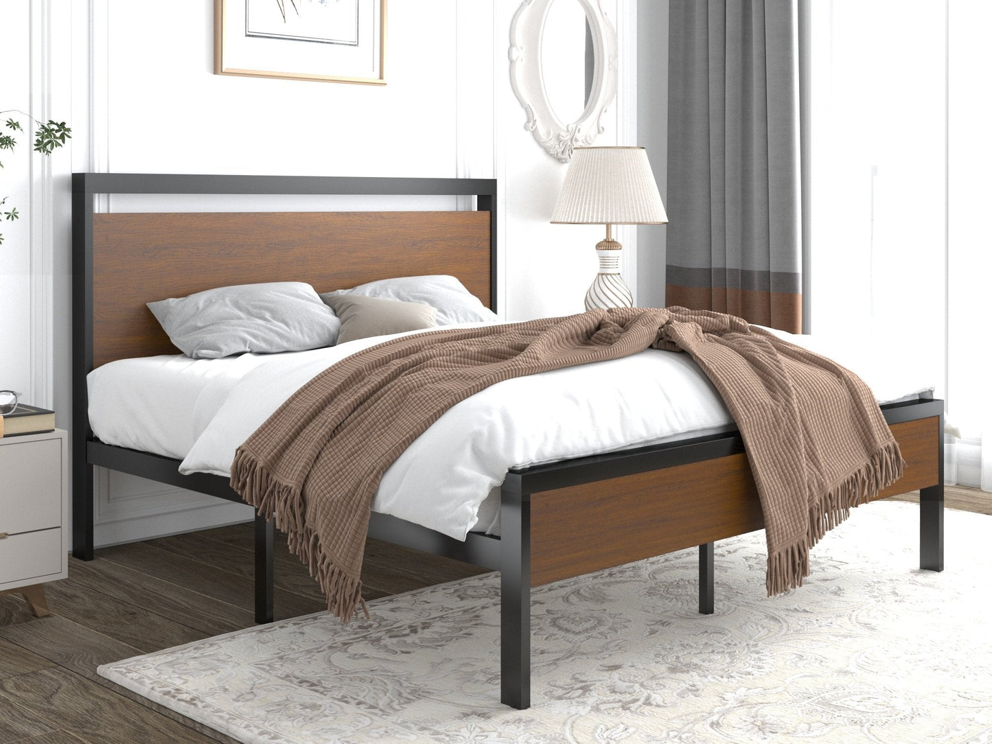 Metal Platform Bed Frame with Rustic Headboard