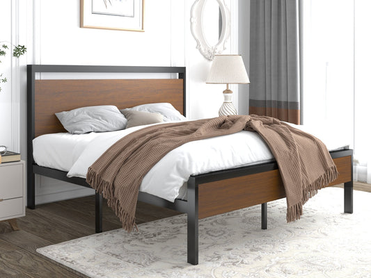 Metal Platform Bed Frame with Rustic Headboard