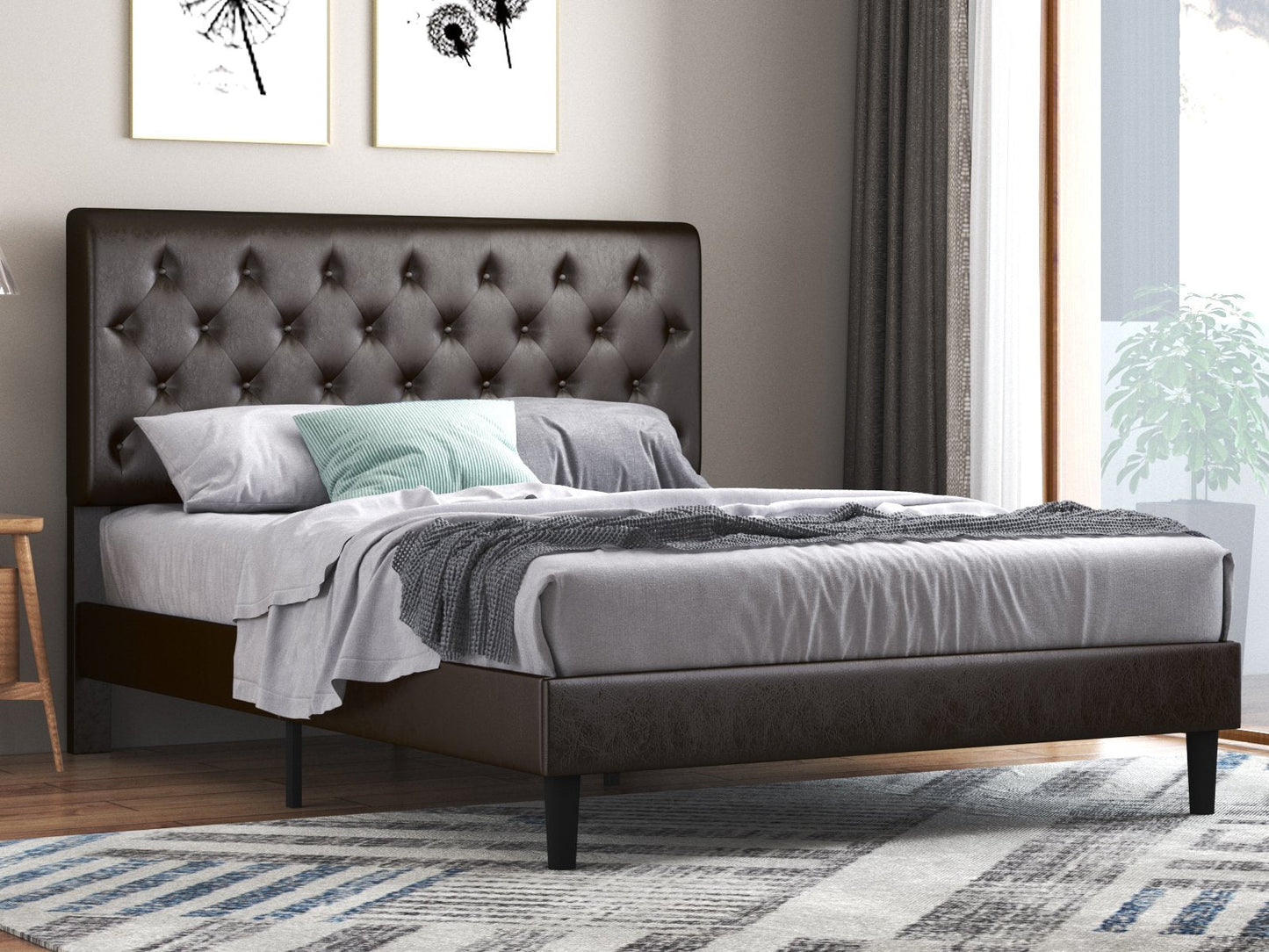 Faux Leather Upholstered Bed Frame with Adjustable Diamond Stitched Button Tufted Headboard