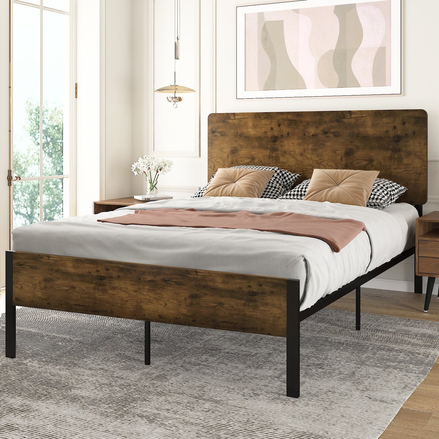 Platform Bed Frame with Wood headboard and Metal Slats/Rustic Country Style Mattress Foundation/Box Spring Optional