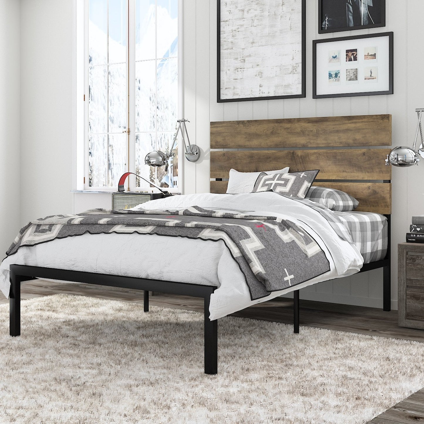 Platform Bed Frame with Wood headboard and Metal Slats / Rustic Country Style Mattress Foundation