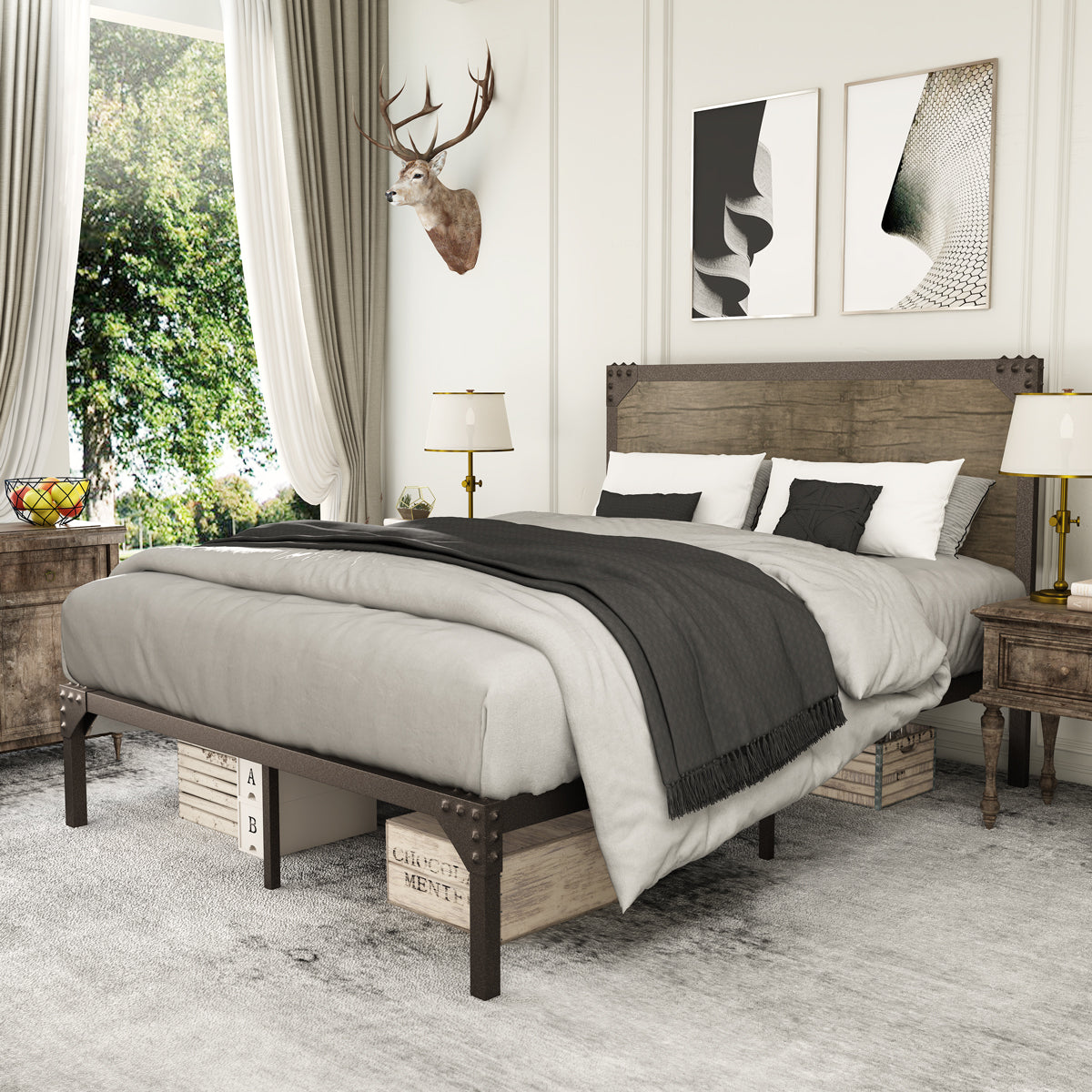 Queen Size Bed Frame with Industrial Wooden Rivet Headboard,Metal Platform Bed Frame with 13 Strong Slats Support, Rustic Brown