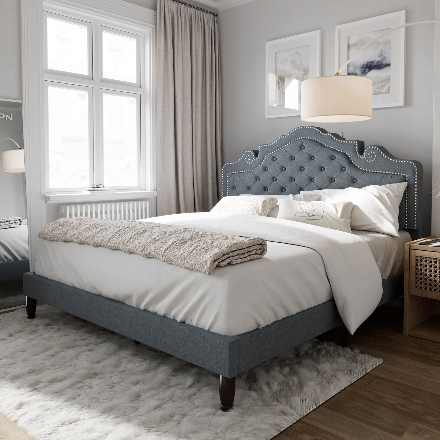 Full Size Platform Bed Frame with Fabric Upholstered, Adjustable Headboard, Light Gray