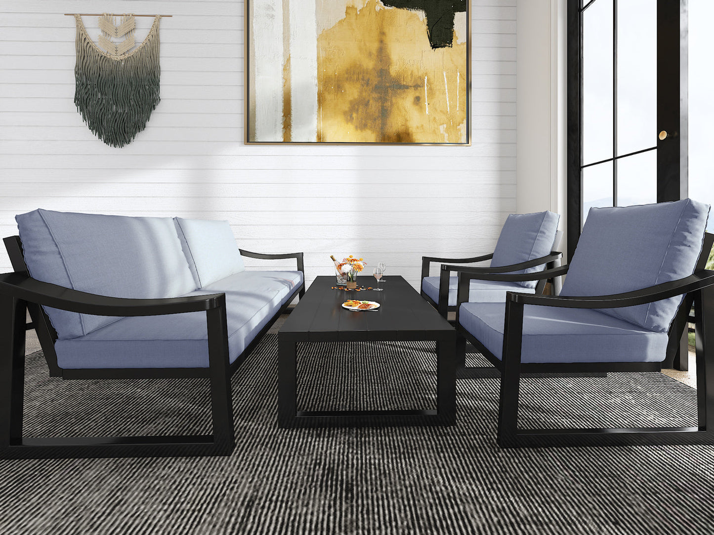 4 Pieces Patio Furniture Set Outdoor Conversation Sets, Modern Loveseat, Table and Chairs