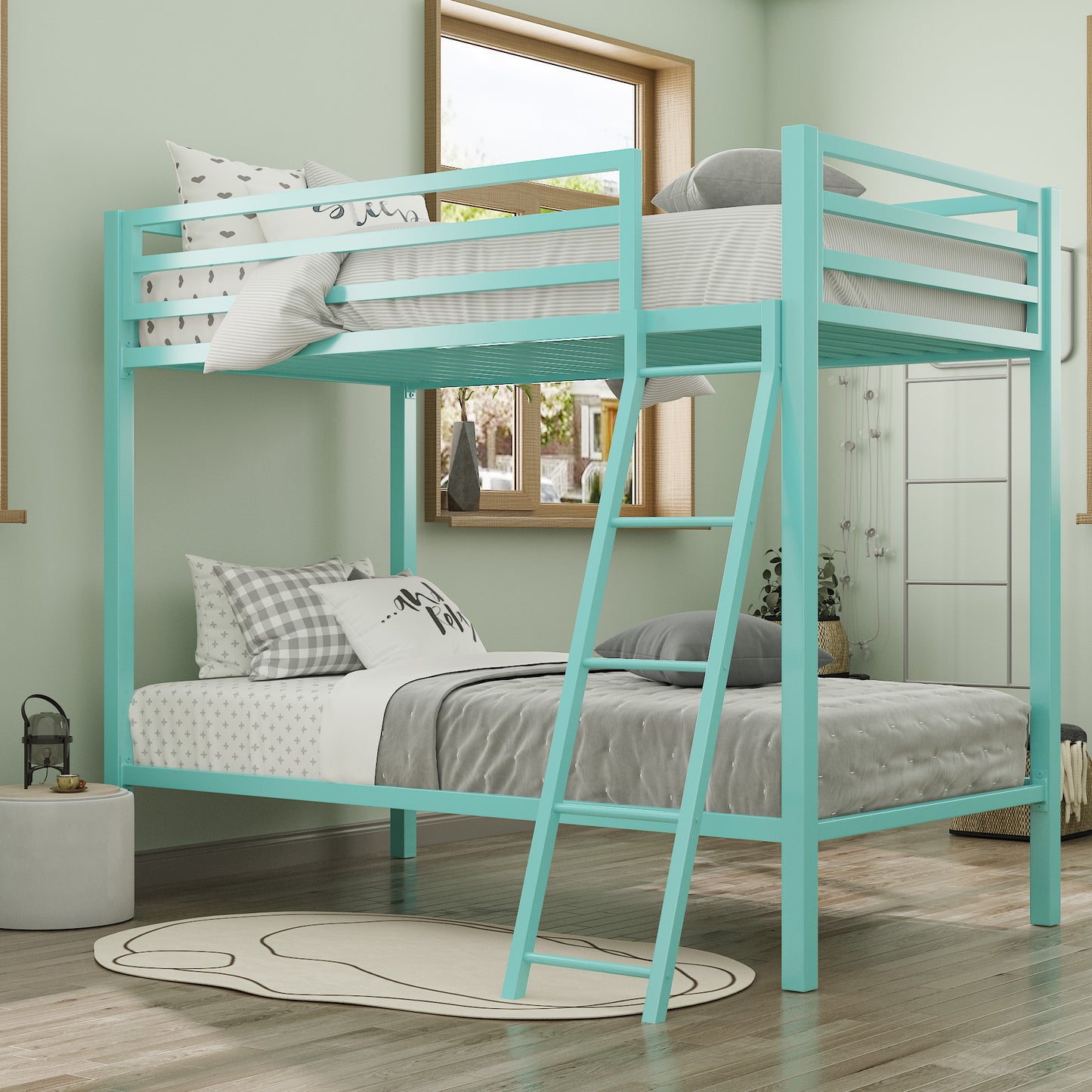 Bunk Bed Twin Over Twin Size with Ladder for Junior, Metal Twin Bunk Beds with Safety Full-Length Guardrail, Space-Saving / No Box Spring Needed / Noise Free