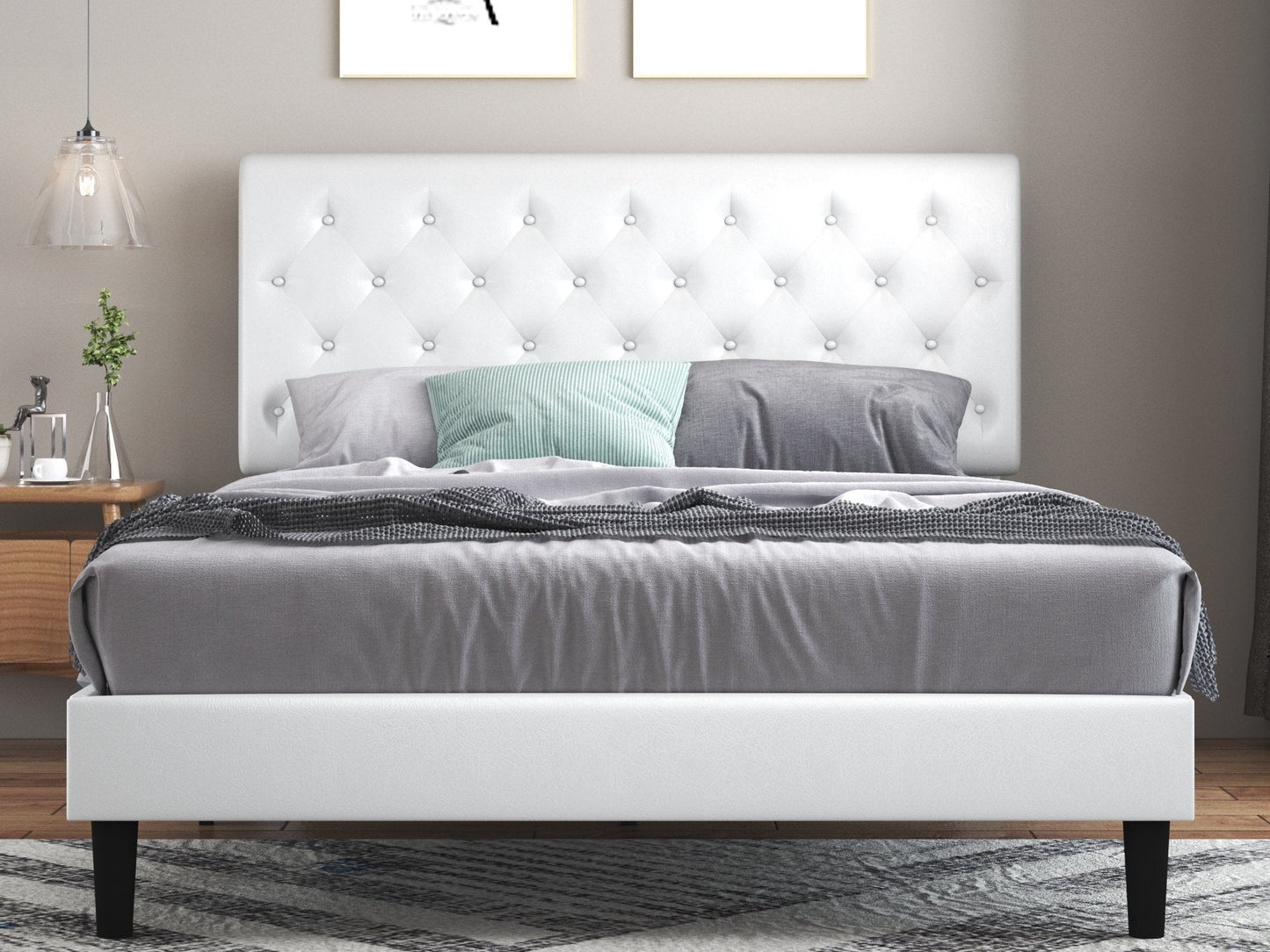Faux Leather Upholstered Bed Frame with Adjustable Diamond Stitched Button Tufted Headboard