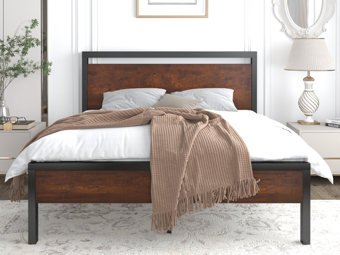Metal Platform Bed Frame with Rustic Headboard