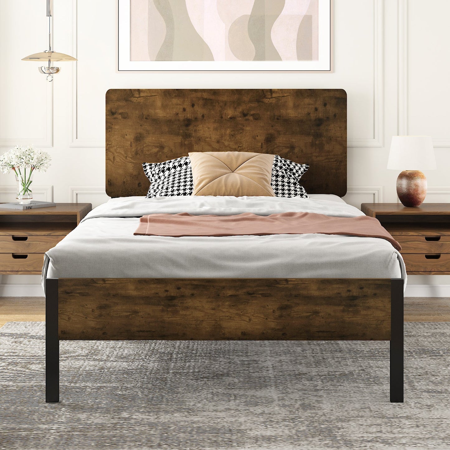 Platform Bed Frame with Wood headboard and Metal Slats/Rustic Country Style Mattress Foundation/Box Spring Optional
