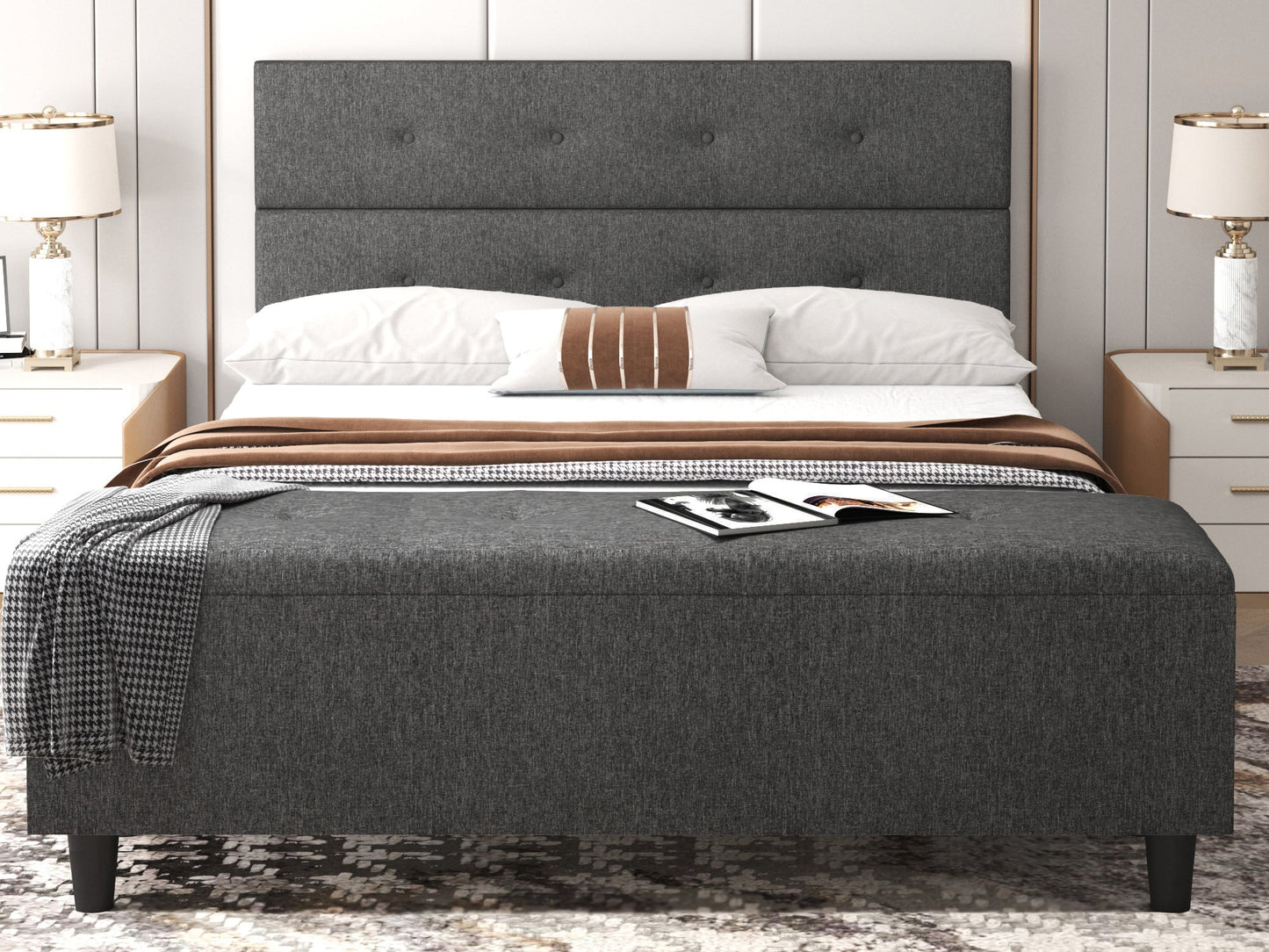 Upholstered Bed Frame with Ottoman Storage Bench