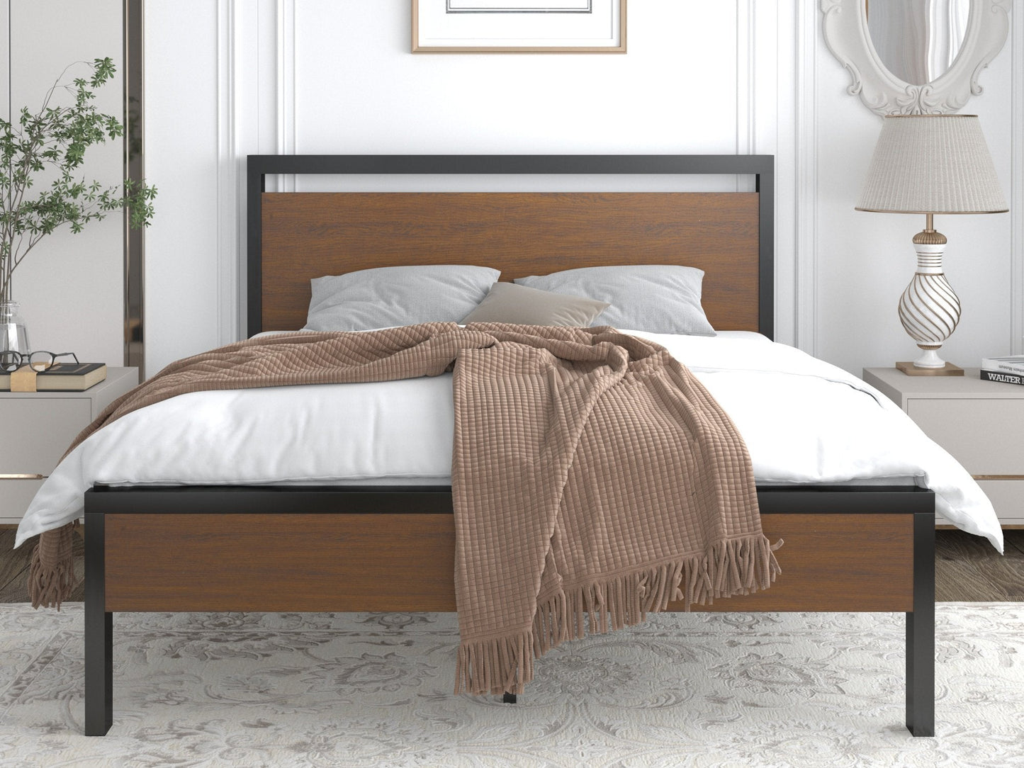 Metal Platform Bed Frame with Rustic Headboard