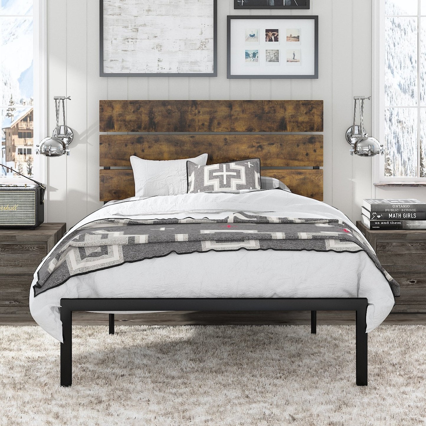 Platform Bed Frame with Wood headboard and Metal Slats / Rustic Country Style Mattress Foundation