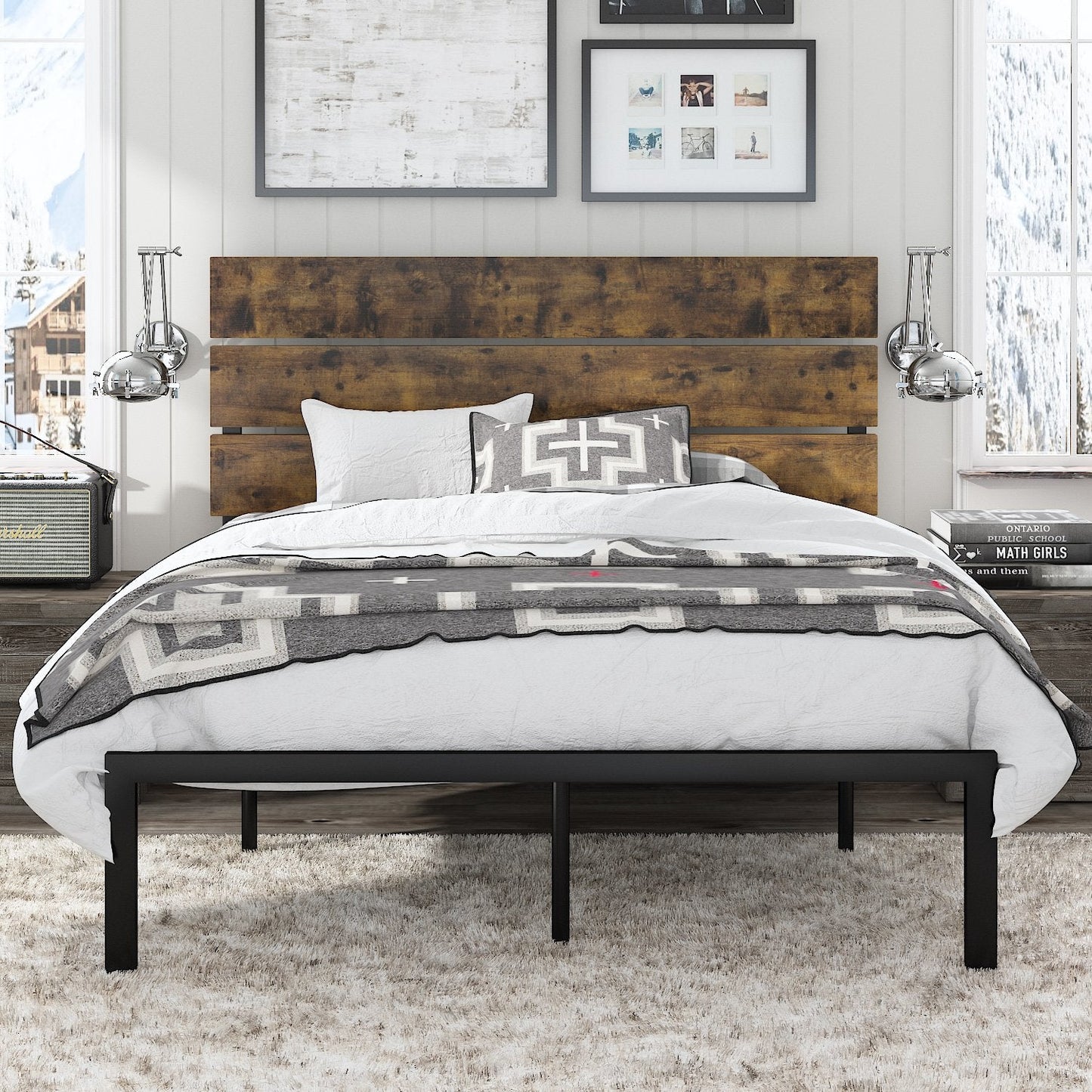 Platform Bed Frame with Wood headboard and Metal Slats / Rustic Country Style Mattress Foundation