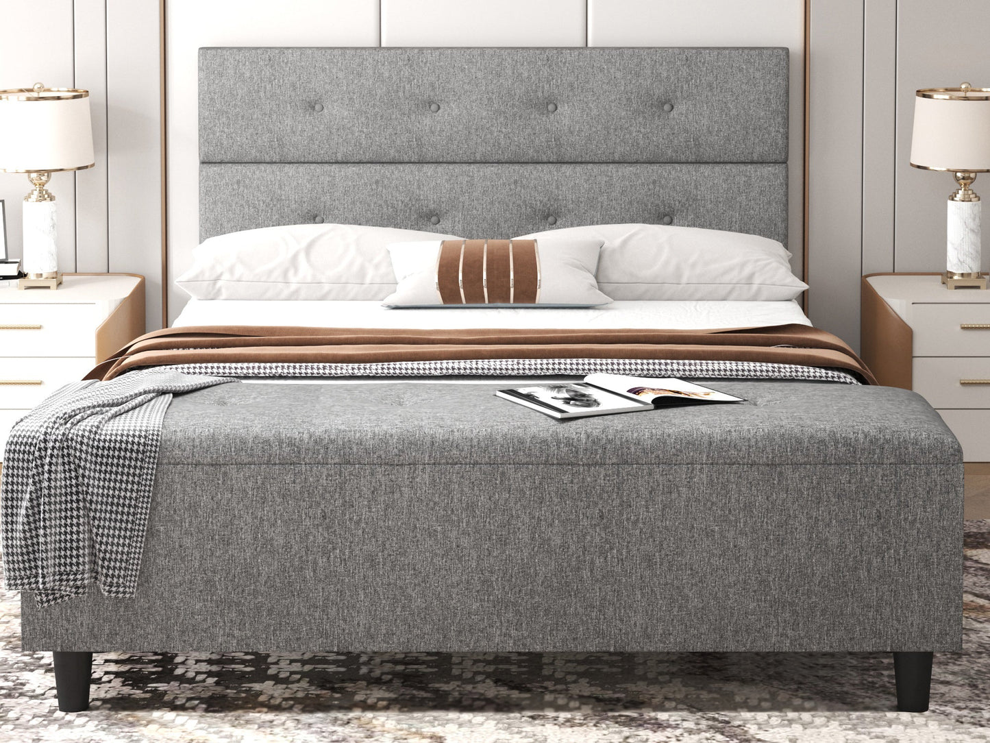 Upholstered Bed Frame with Ottoman Storage Bench