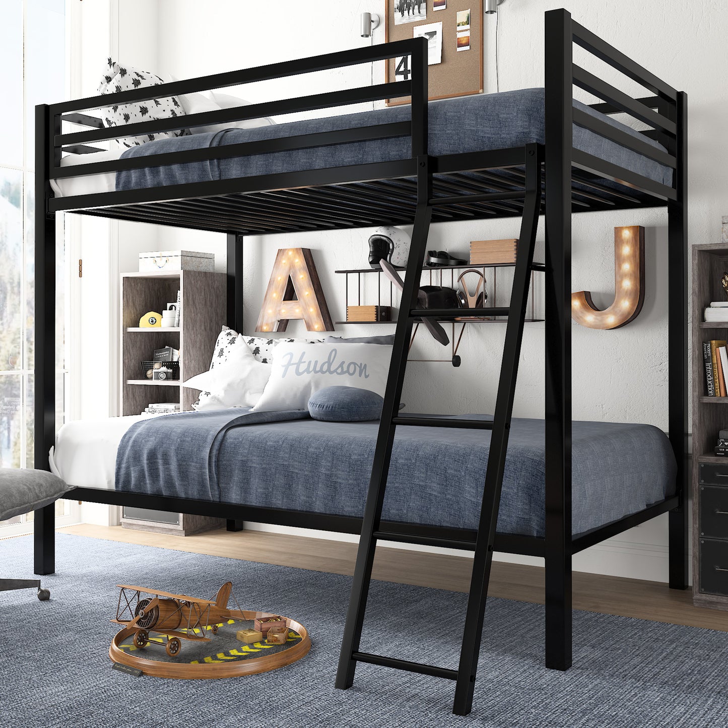 Bunk Bed Twin Over Twin Size with Ladder for Junior, Metal Twin Bunk Beds with Safety Full-Length Guardrail, Space-Saving / No Box Spring Needed / Noise Free