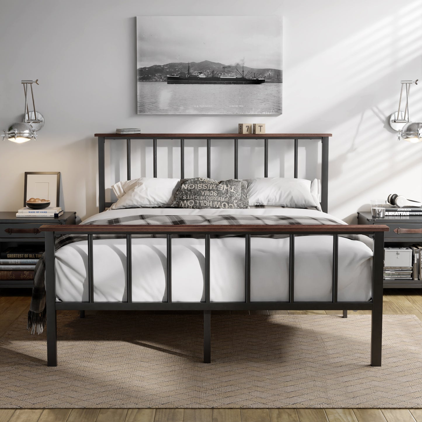 Heavy Duty Platform Bed Frame with Headboard, Metal Slats Support Mattress Foundation,Black