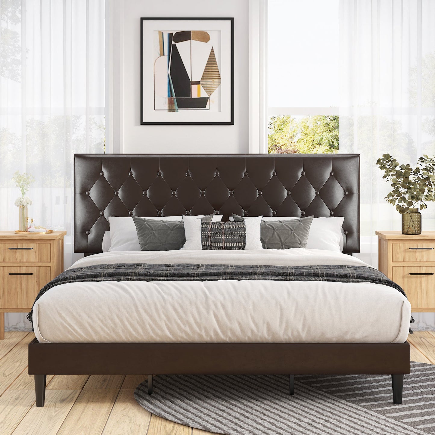 Faux Leather Upholstered Bed Frame with Adjustable Diamond Stitched Button Tufted Headboard