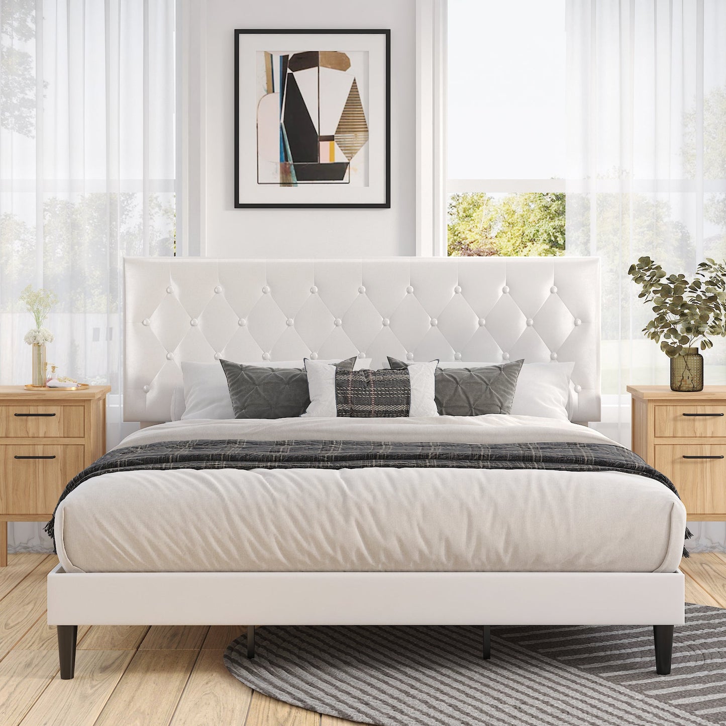 Faux Leather Upholstered Bed Frame with Adjustable Diamond Stitched Button Tufted Headboard