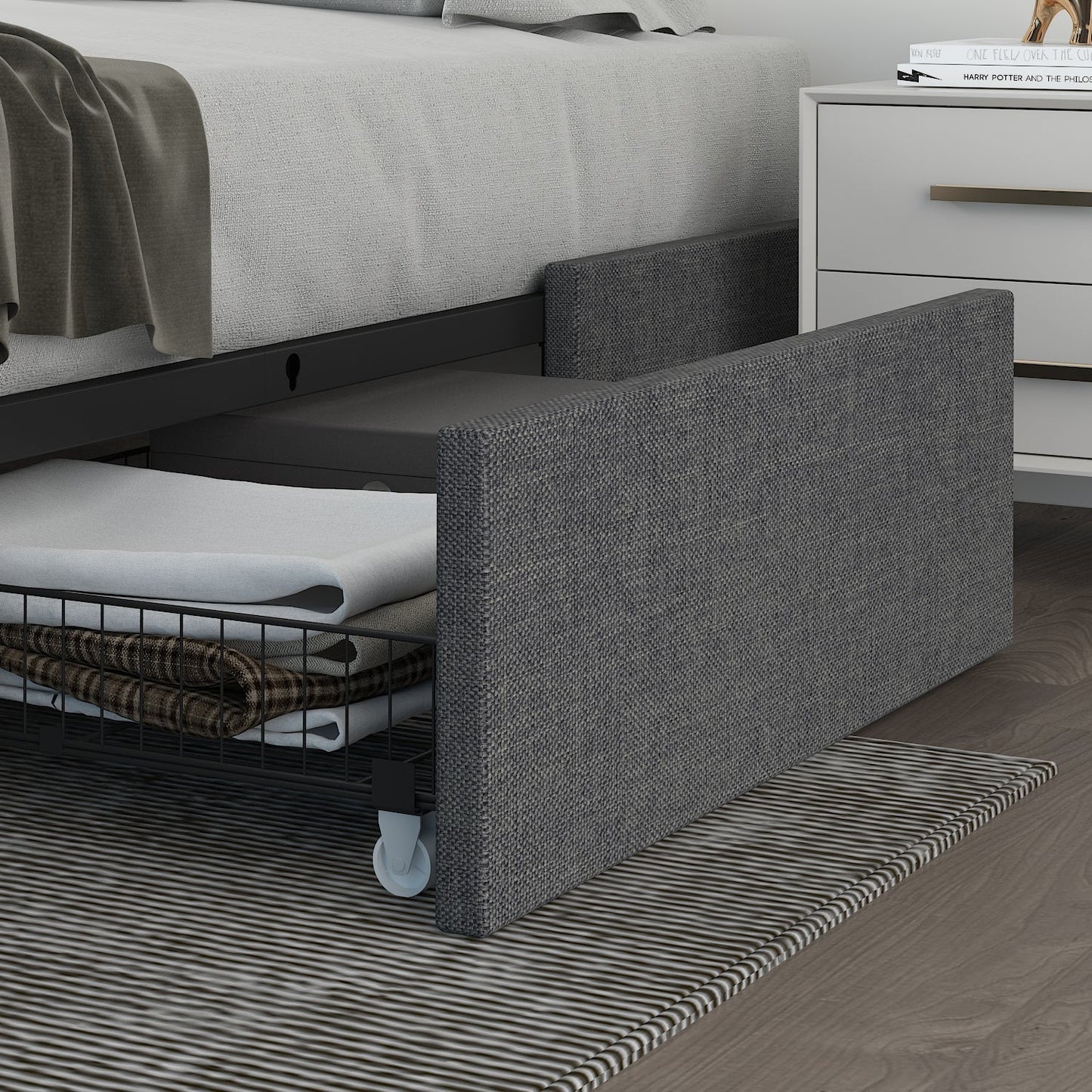 Platform Bed Frame with 3 Storage Drawers, Upholstered Wing Side Panel Design