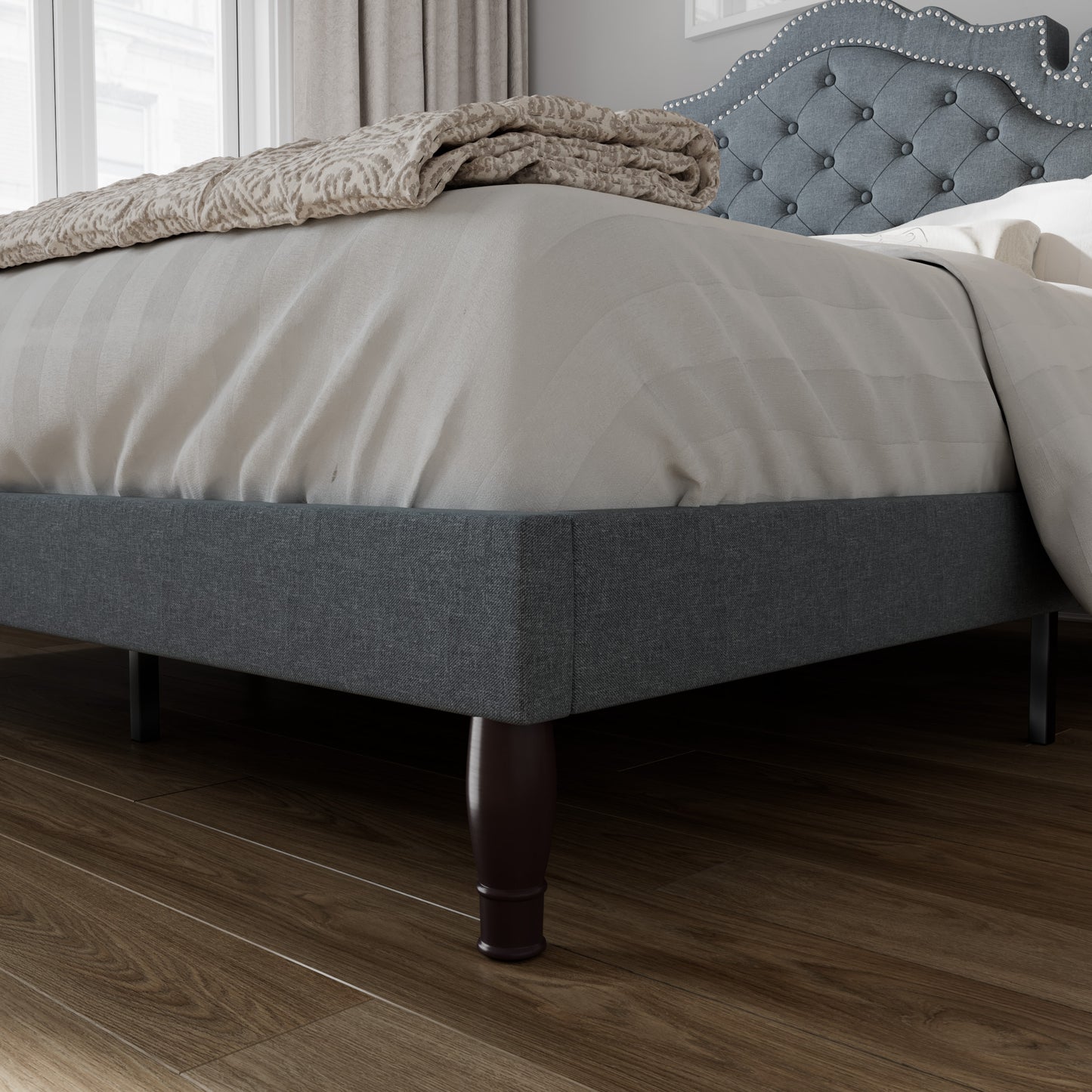 Full Size Platform Bed Frame with Fabric Upholstered, Adjustable Headboard, Light Gray