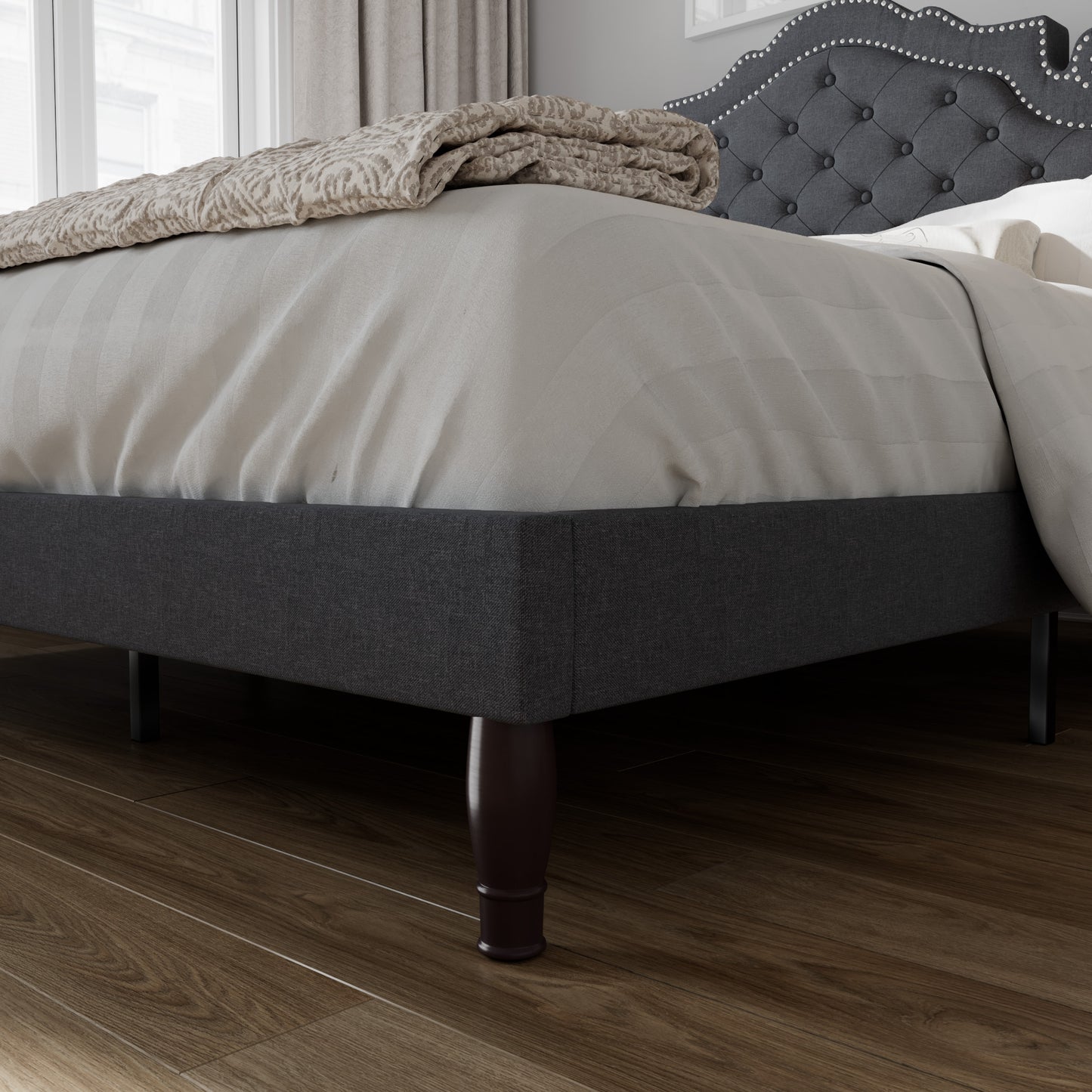Full Size Platform Bed Frame with Fabric Upholstered, Adjustable Headboard, Light Gray