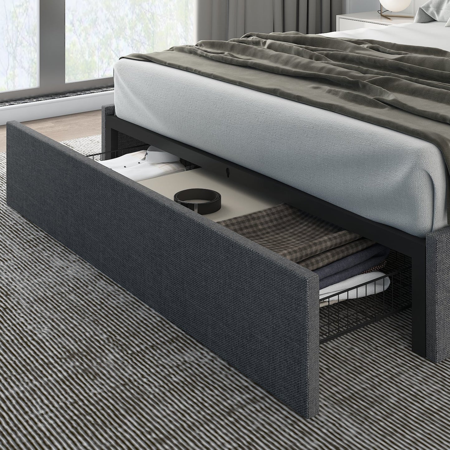 Platform Bed Frame with 3 Storage Drawers, Upholstered Wing Side Panel Design