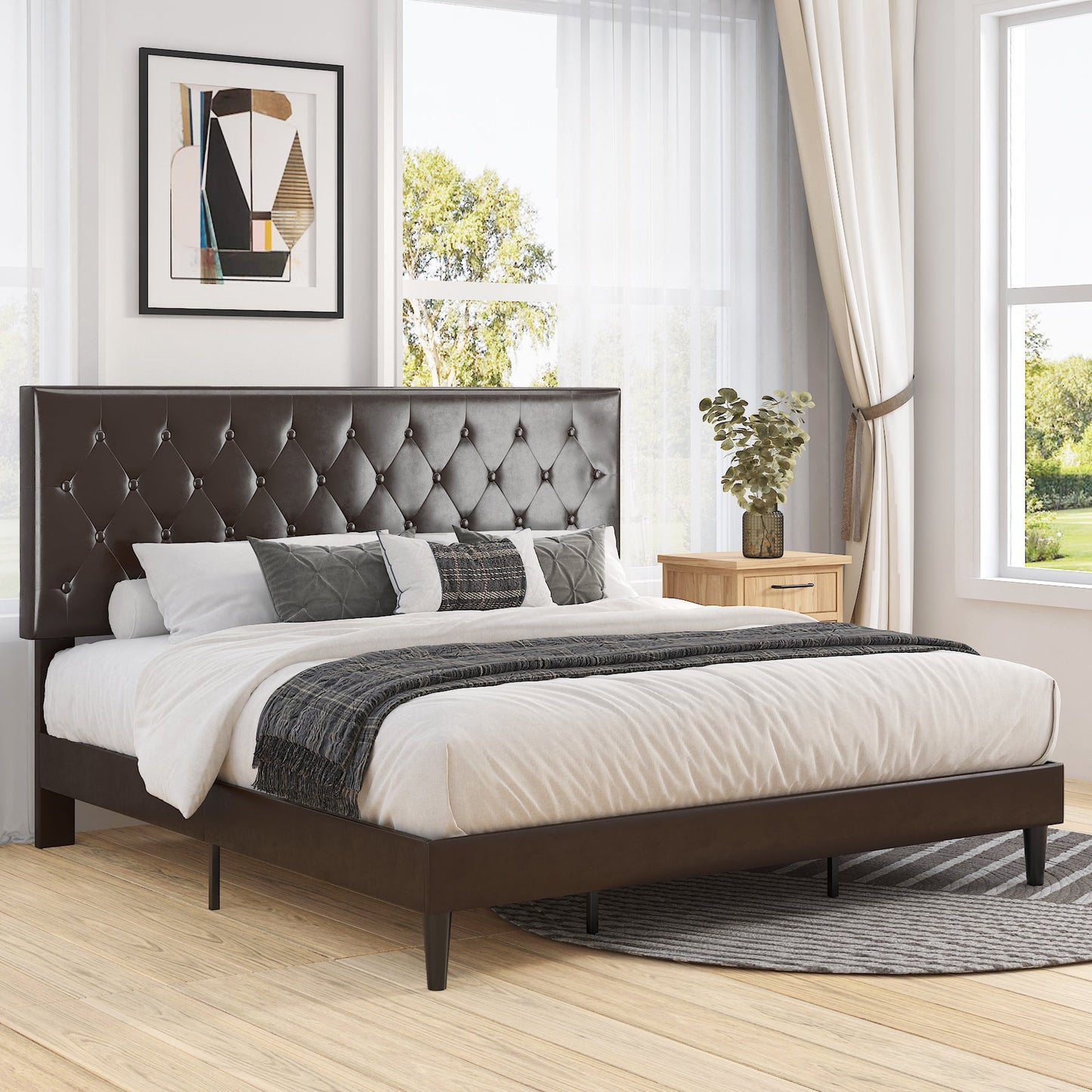 Faux Leather Upholstered Bed Frame with Adjustable Diamond Stitched Button Tufted Headboard