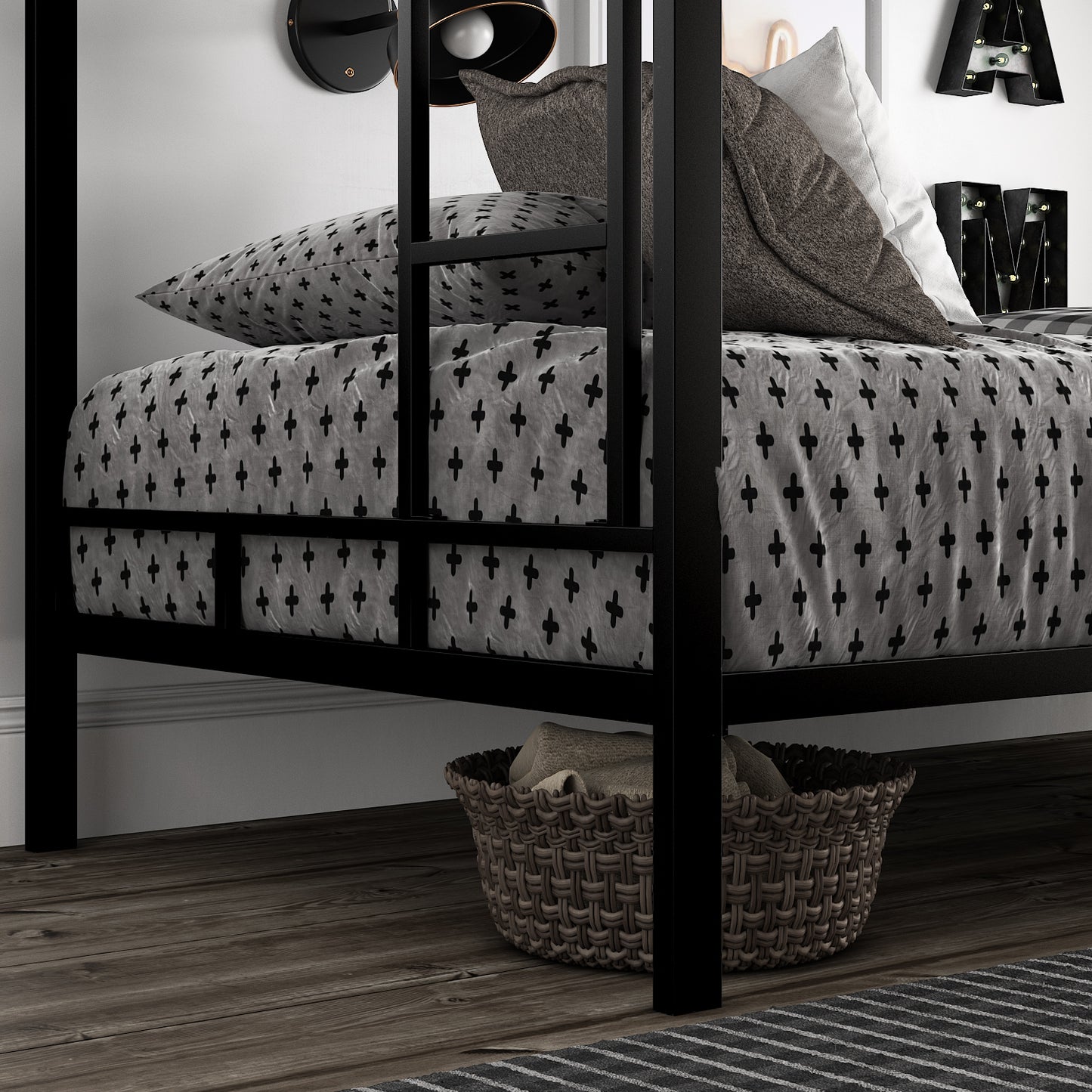 Amolife Metal Twin Over Twin Size Bunk Bed Frame with Stairs & Full-Length Guardrail, Black