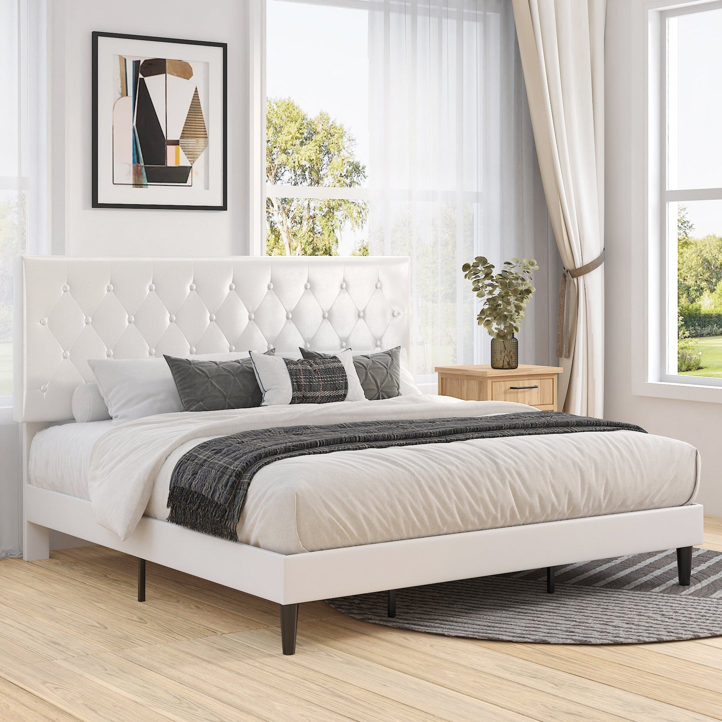 Faux Leather Upholstered Bed Frame with Adjustable Diamond Stitched Button Tufted Headboard