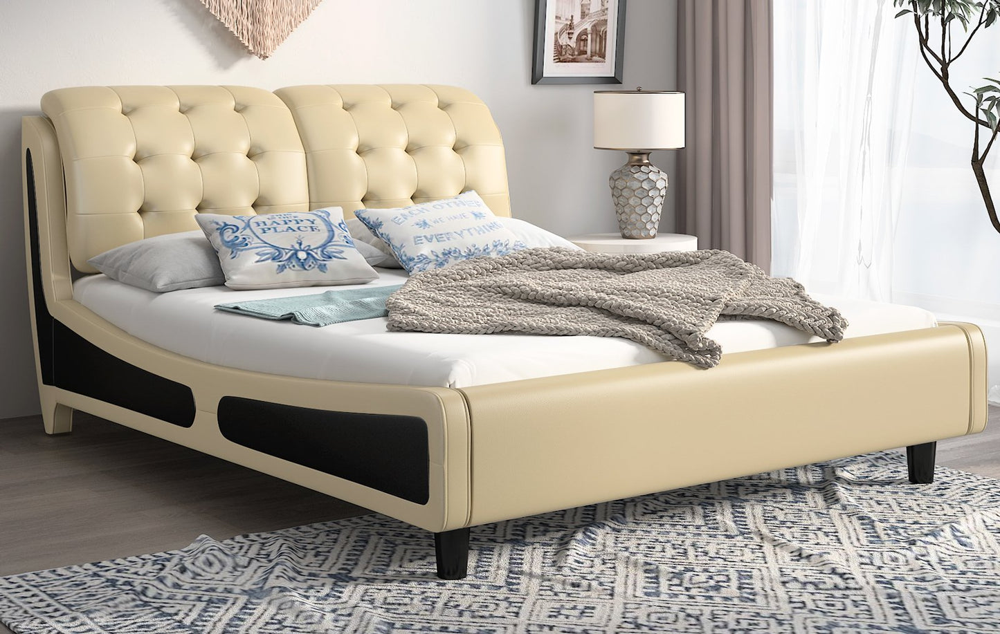 Deluxe Upholstered Platform Bed Frame, Button Tufted Sleigh Headboard with Double Backrest