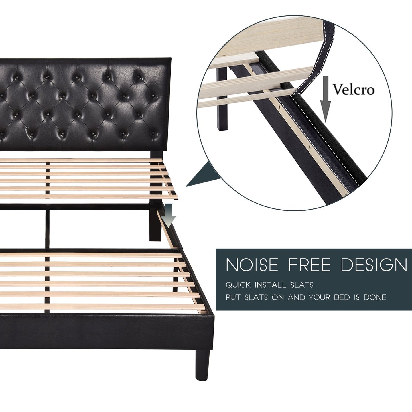 Faux Leather Upholstered Bed Frame with Adjustable Diamond Stitched Button Tufted Headboard