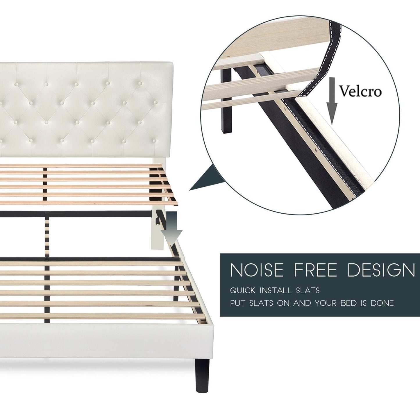 Faux Leather Upholstered Bed Frame with Adjustable Diamond Stitched Button Tufted Headboard
