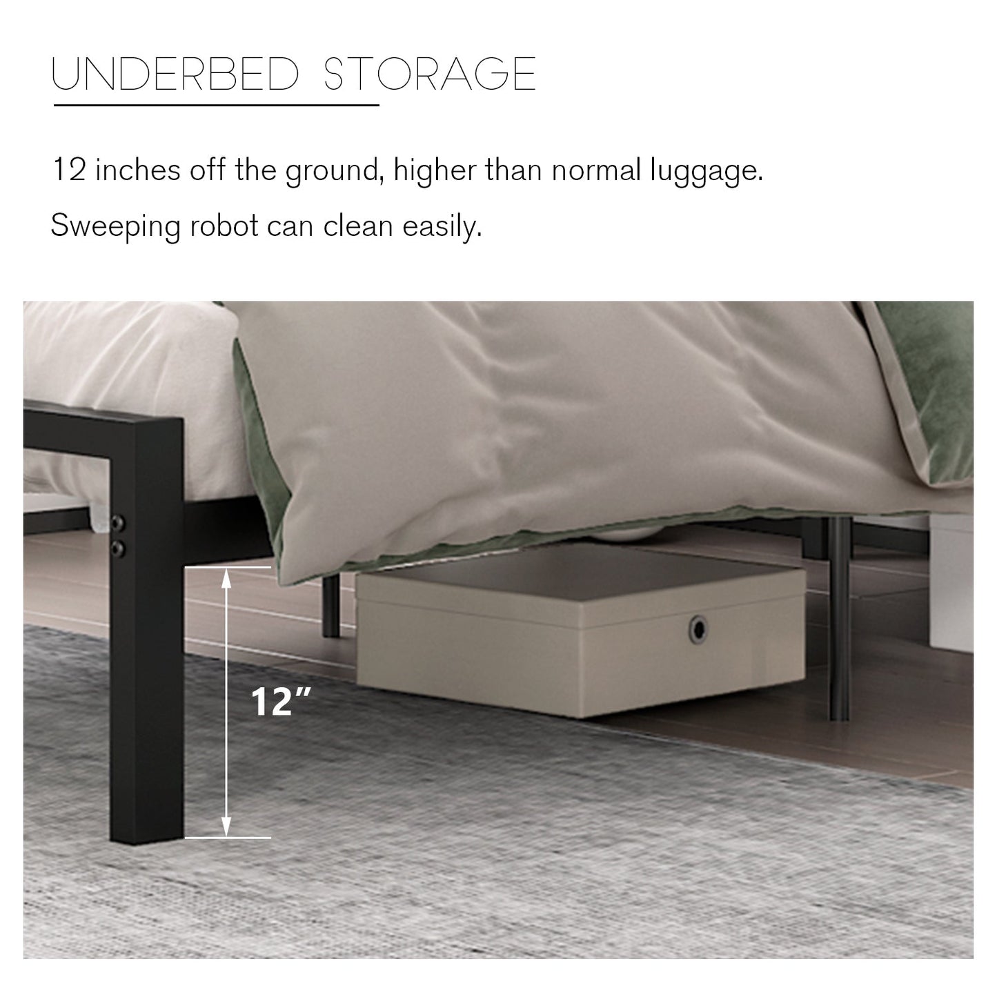 Modern Metal Bed Frame with Geometric Litchi Grain Leather Headboard