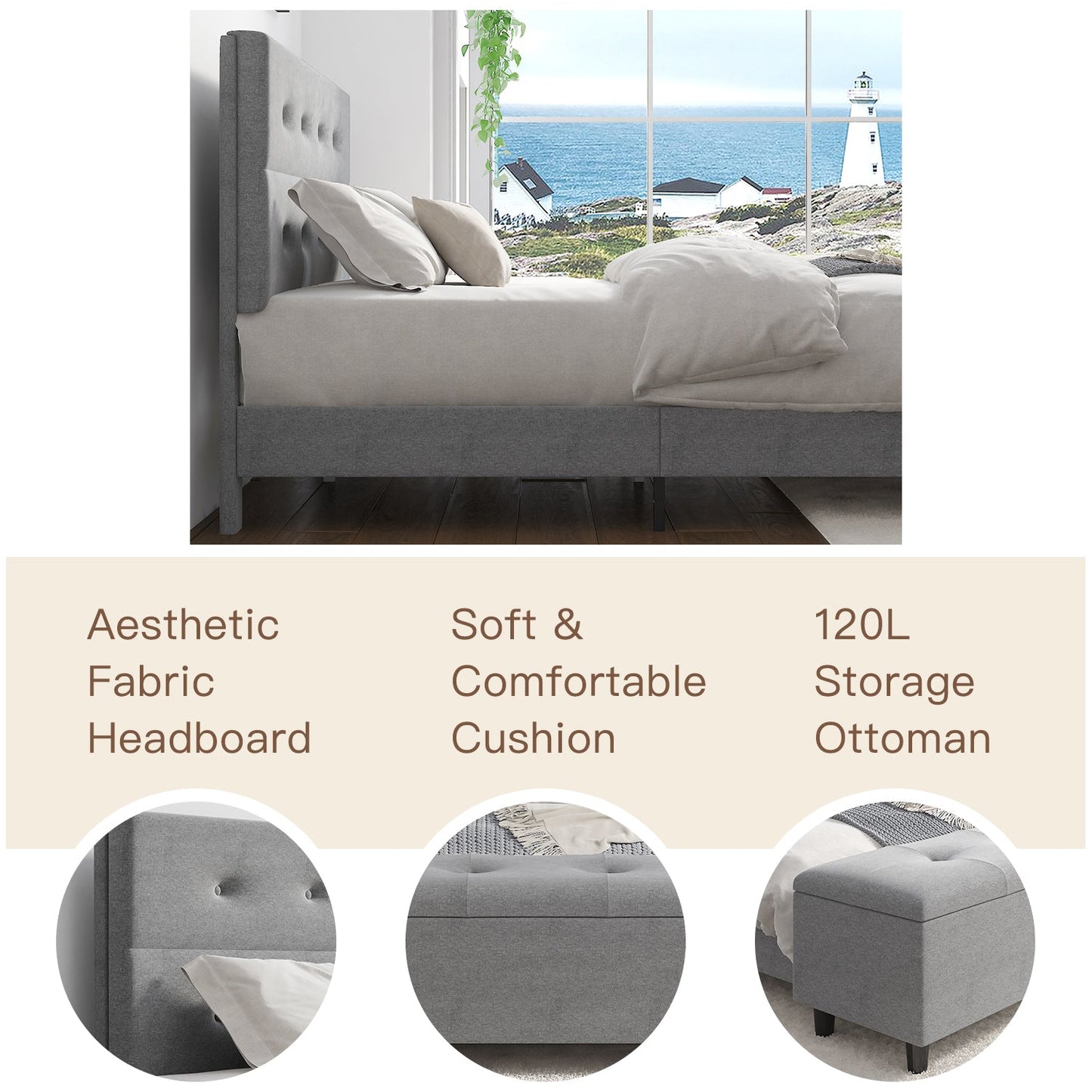 Upholstered Bed Frame with Ottoman Storage Bench
